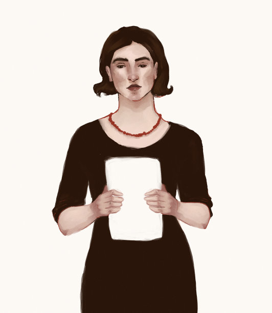 一个悲伤的女人拿着一张纸/文件的插图图片下载