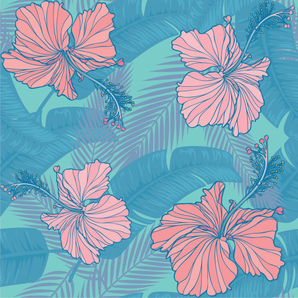 时尚的芙蓉花和叶子无缝图案素材图片