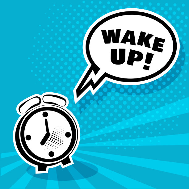 白色闹钟和漫画泡泡与唤醒字在蓝色背景。矢量插图在波普艺术风格。图片下载