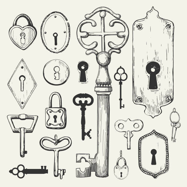 矢量一套手绘古董钥匙。插图在白色背景素描风格。旧的设计图片下载