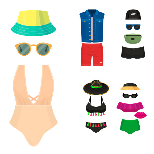 海滩穿比基尼服装时尚看起来度假生活方式女性收集海光美衣服矢量插图图片下载