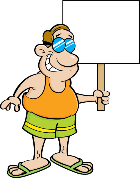 穿着泳衣举着牌子的卡通男人。图片下载