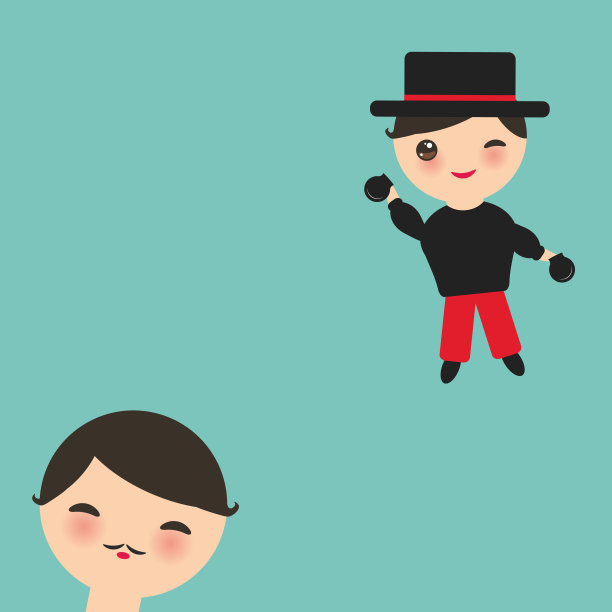 西班牙弗拉明戈舞者卡片设计，横幅模板。可爱的脸，粉红色的脸颊，眨眼的眼睛。吉普赛男孩，响板，帽子，水蓝色背景。向量图片下载