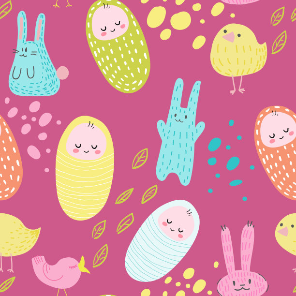 婴儿淋浴无缝模式可爱的兔子，鸟和新生儿。幼稚的背景与可爱的孩子和动物织物，墙纸，装饰。矢量图图片下载