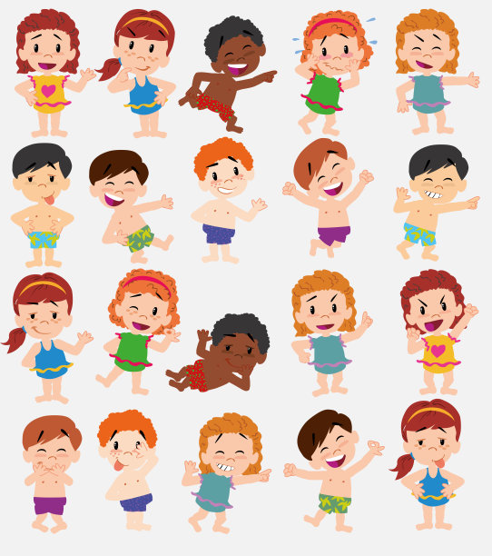 卡通人物男孩和女孩穿着泳衣。设置不同的姿势，态度和姿势，始终以积极的态度，做不同的活动。矢量插图。图片下载