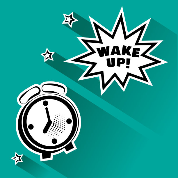 黑色和白色闹钟和漫画泡泡与铭文醒来，和星星，阴影在绿松石背景。矢量插图在波普艺术风格。素材图片