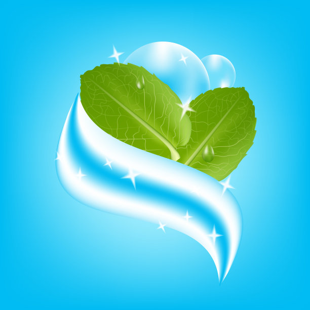 双色薄荷提取物牙膏。真实的新鲜薄荷叶与露珠在蓝色的背景。矢量图图片下载