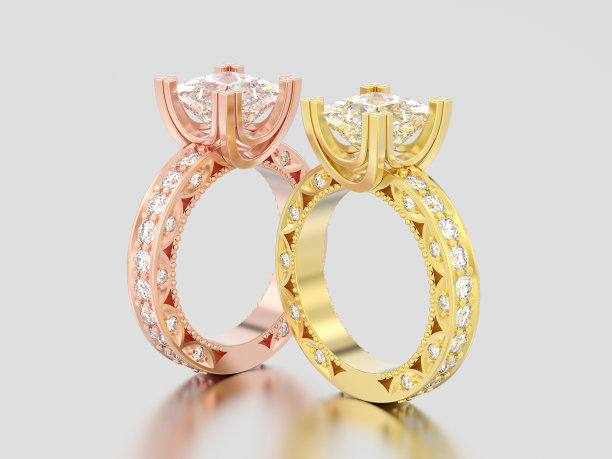 3D插图两个玫瑰和黄色黄金通道公主切割钻石订婚装饰戒指图片下载