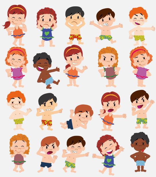 卡通人物男孩和女孩穿着泳衣。设置不同的姿势，姿态和姿势，做不同的活动。矢量插图。图片下载