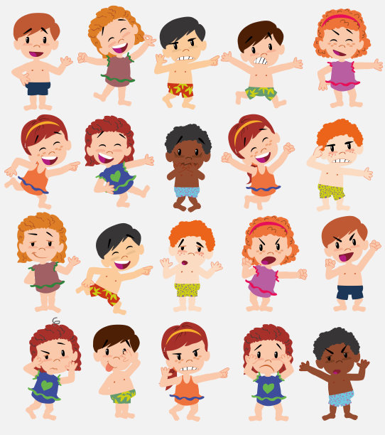 卡通人物男孩和女孩穿着泳衣。设置不同的姿势，姿态和姿势，做不同的活动。矢量插图。图片下载