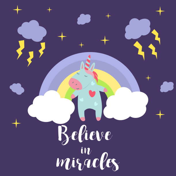 可爱的独角兽宝宝生日派对卡片矢量插图魔术彩虹幻想童话设计美丽的童话艺术。图片下载