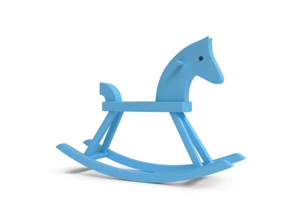 摇摆马木制玩具-蓝色-白色背景- 3d插图-渲染图片下载