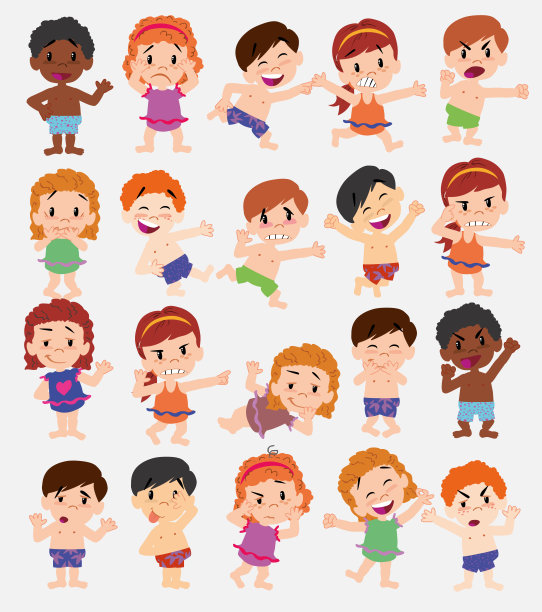 卡通人物男孩和女孩穿着泳衣。设置不同的姿势，姿态和姿势，做不同的活动。矢量插图。图片下载