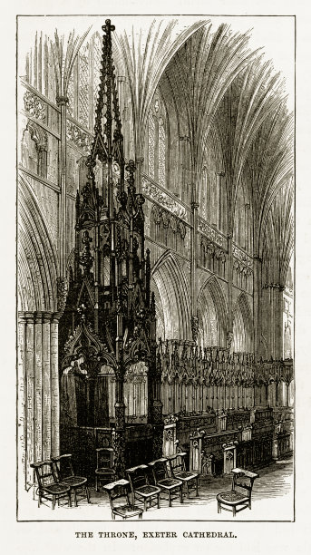 英国德文郡埃克塞特的埃克塞特大教堂宝座维多利亚版画，1840年图片下载
