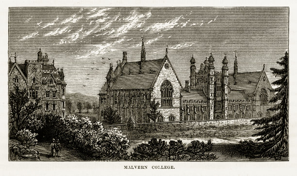 英国伍斯特郡莫尔文学院维多利亚版画，1840年素材图片