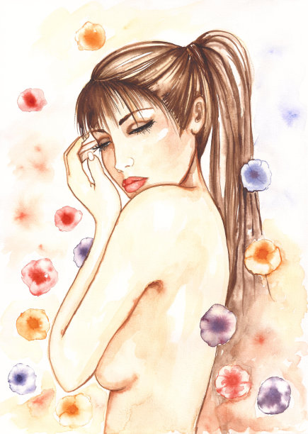 水彩美女肖像和五颜六色的花朵素材图片