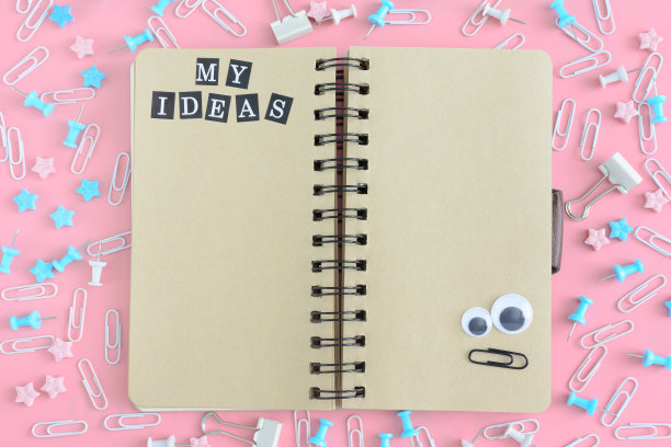 弹簧上的记事本上写着我的想法。粉红色背景上乱丢的信纸和小星号。在页面的角落里有一个来自剪辑的笑脸。从上面的照片。图片下载