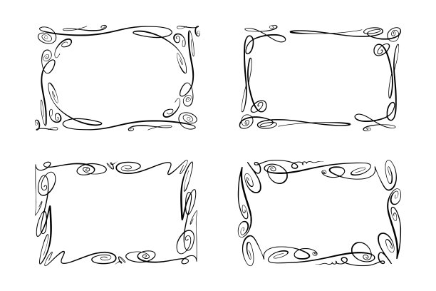 一组蓬勃向量框架。矩形的集合与曲线，旋转和装饰的图像和文本元素。手绘黑色高亮边界孤立的白色背景。涂鸦的效果。铅笔标记。卡通风格。几何素材图片