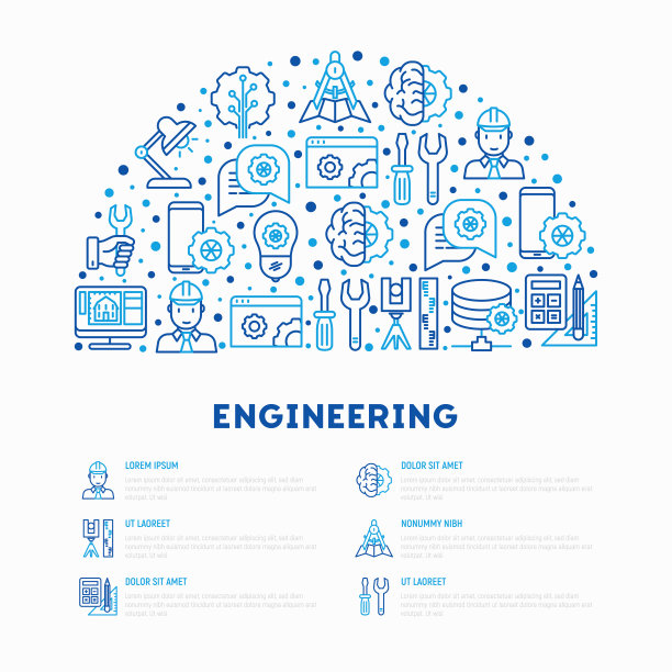 半圆中的工程概念与细线图标:工程师，电子，计算，工具，修理，想法，it服务器。现代矢量插图的网页，横幅，印刷媒体。图片下载