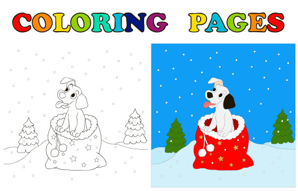 圣诞狗涂色页。小狗微笑着坐在圣诞老人的袋子里。圣诞节的卡通。图片下载