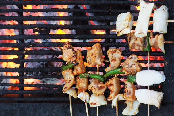 猪肉鸡在木头棒烧烤在热木炭炉上烤照片从上面俯视图片下载