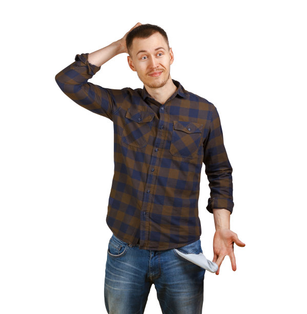 男子穿着格子衬衫，抱着头露出空空的口袋，脸上露出悲伤悲伤的表情。在白色背景上隔离图片下载