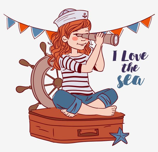 可爱的女孩坐在行李箱上看望远镜。旅行和冒险概念图片下载