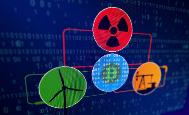 比特币采矿概念与能源、核能、风力涡轮机和石油图片下载