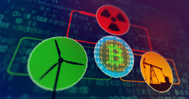 比特币采矿概念与能源、核能、风力涡轮机和石油图片下载