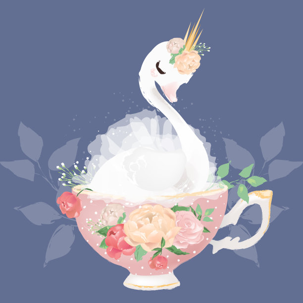 美丽的白天鹅公主戴着皇冠，系着蝴蝶结，花束是粉红色和米色牡丹，在瓷粉复古茶杯(茶杯)图片下载