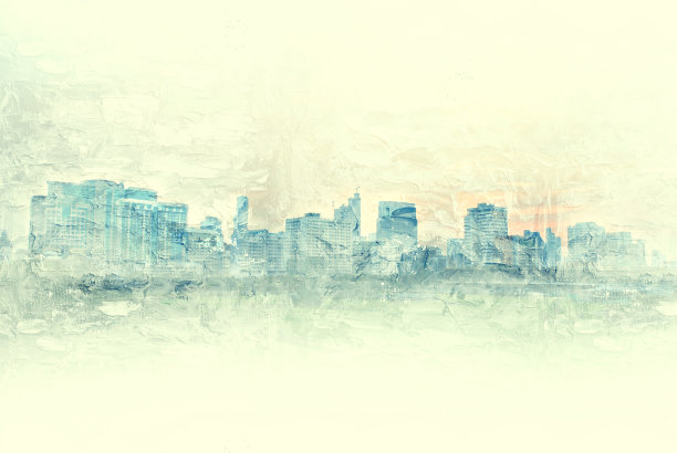 摘要以城市建筑为背景的水彩画。城市上的数字插画刷艺术。图片下载