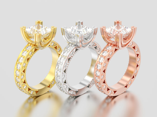 3D插图三个不同的黄金通道公主切割钻石订婚装饰戒指图片下载