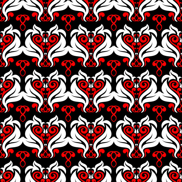 无缝的花卉图案。黑色背景上的红色和白色元素图片下载