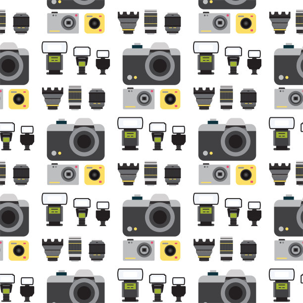相机摄影矢量工作室平面光学镜头类型客观复古摄影设备摄影专业摄影师看无缝图案背景插图图片下载