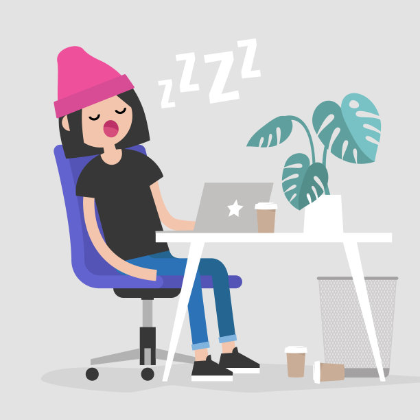 年轻疲惫的女员工在工作场所睡觉。小睡。办公室。平面可编辑矢量插图，剪辑艺术图片下载