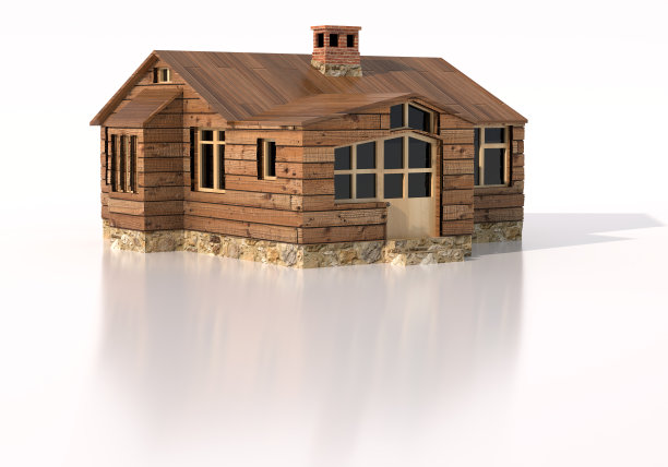 3D渲染复古风格木屋插图与反射图片下载
