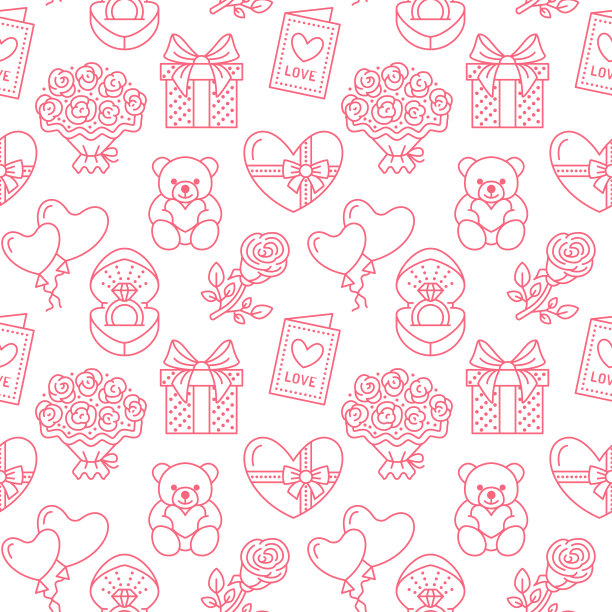 情人节无缝模式。爱情、浪漫的象征——心形、巧克力、泰迪熊、订婚戒指、气球、情人节卡片、红玫瑰。2月14日庆祝活动的粉色墙纸图片下载