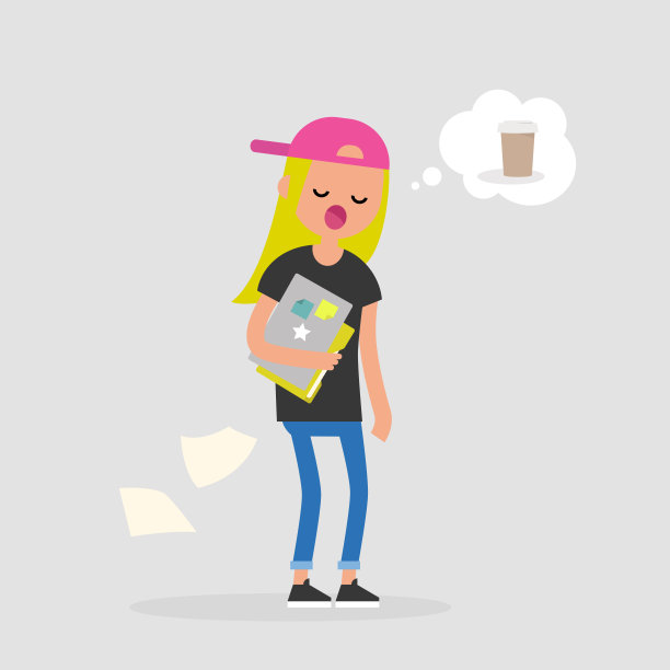 年轻女性昏昏欲睡的经理梦想着咖啡。早上好，在办公室。日常生活。平面可编辑矢量插图，剪辑艺术图片下载