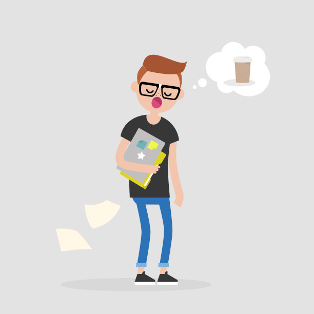 年轻的昏昏欲睡的经理梦想着咖啡。早上好，在办公室。日常生活。平面可编辑矢量插图，剪辑艺术图片下载