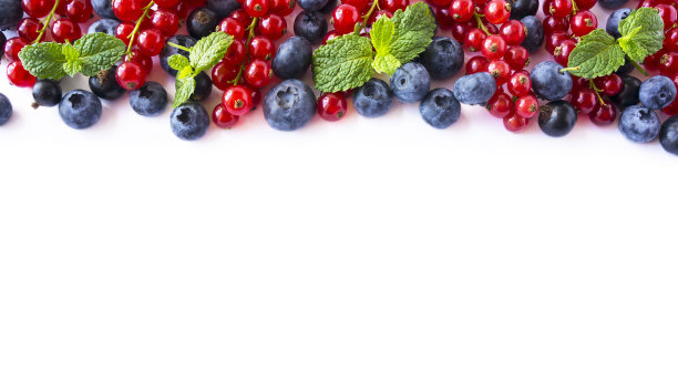 混合浆果和水果在图像边界与文本复制空间。成熟的蓝莓，黑莓，草莓，红色和黑色的加仑子在白色的背景。前视图。黑蓝色和红色的食物。背景的浆果。各种新鲜的夏季浆果。图片下载