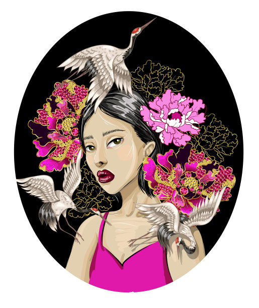 日本时尚女孩与白鹤和亮片绣花牡丹。矢量插图。图片下载