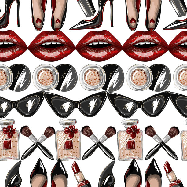 无缝模式的露脐装，嘴唇，鞋子，口红，太阳镜，刷子图片下载