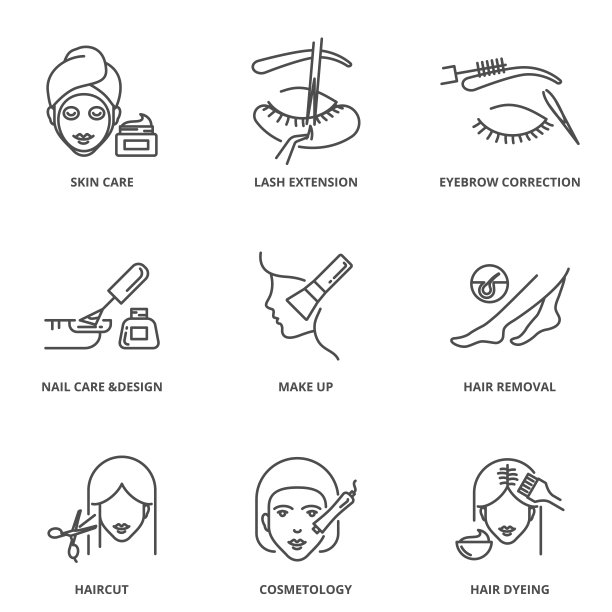 美丽向量图标集:皮肤护理，睫毛延伸，眉毛矫正，指甲护理和设计，化妆，脱毛，理发，美容，染色图片下载