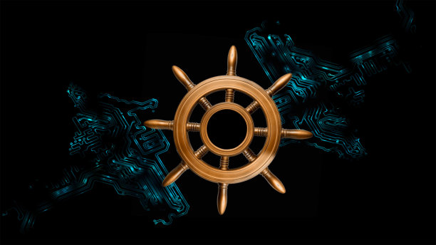 靠信息技术航海。方向盘旋转的背景元素的主板模式与发散光线，在一个黑色的背景与复制空间为您的文本图片下载