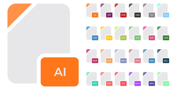 平面文件格式图标。音频、视频、图像、系统、档案、代码和文档文件类型图片下载