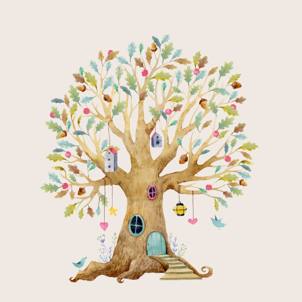 水彩向量树房子图片下载