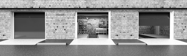 正面视图的amty车库3D室内开放卷帘门3D渲染图片下载