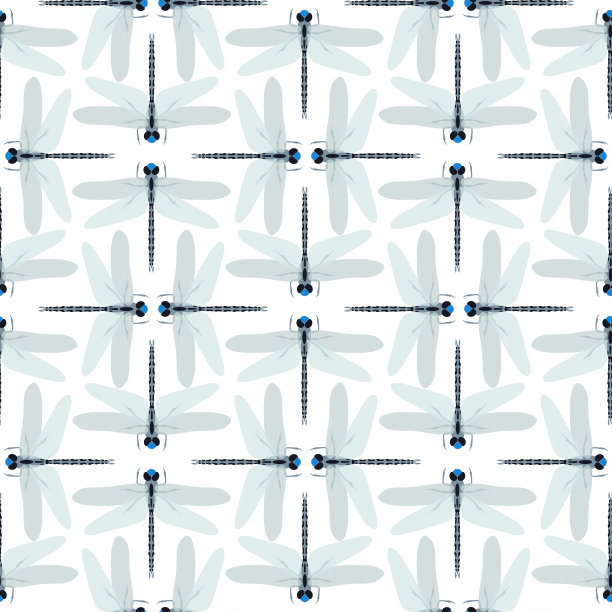 蜻蜓以抽象的蝴蝶装饰无缝图案为背景，呈现出蝴蝶的剪影和美丽的自然春虫装饰矢量插图素材图片