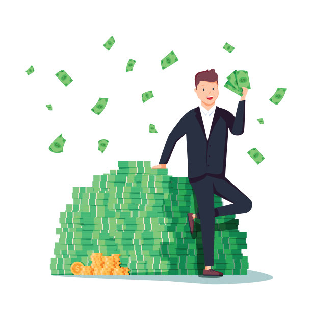 快乐的富人自信地坐在一大堆钱摇晃着他的腿。亿万富翁商人图片下载