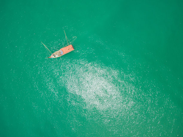 翠绿色热带海上的渔船鸟瞰图图片下载